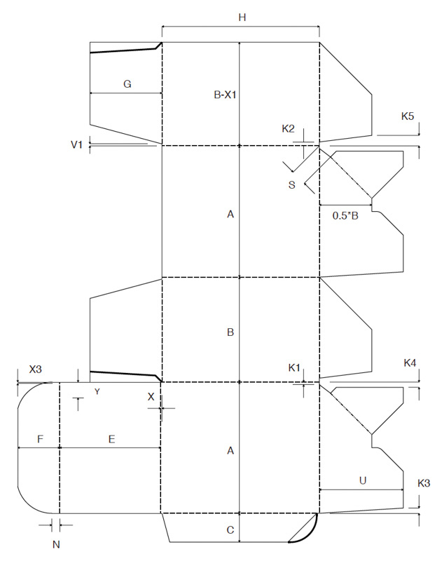 Faltschachtel Verpackung ECMA A6020 4 mit Automatikboden und Einstecklaschen auf Klemmung technische Zeichnung